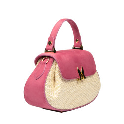 Borsa da donna a mano 042g in camoscio rosa lampone + rafia