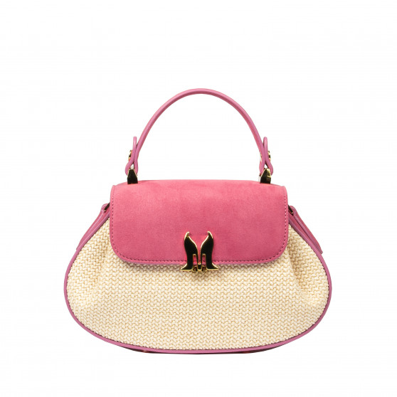 Borsa da donna a mano 042g in camoscio rosa lampone + rafia