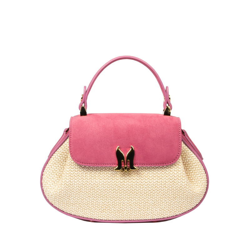 Borsa da donna a mano 042g in camoscio rosa lampone + rafia