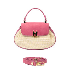 Borsa da donna a mano 042g in camoscio rosa lampone + rafia