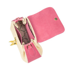 Borsa da donna a mano 042g in camoscio rosa lampone + rafia