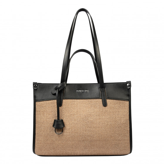 Borsa da spiaggia donna 045g 01 nero napa+rafia caramello