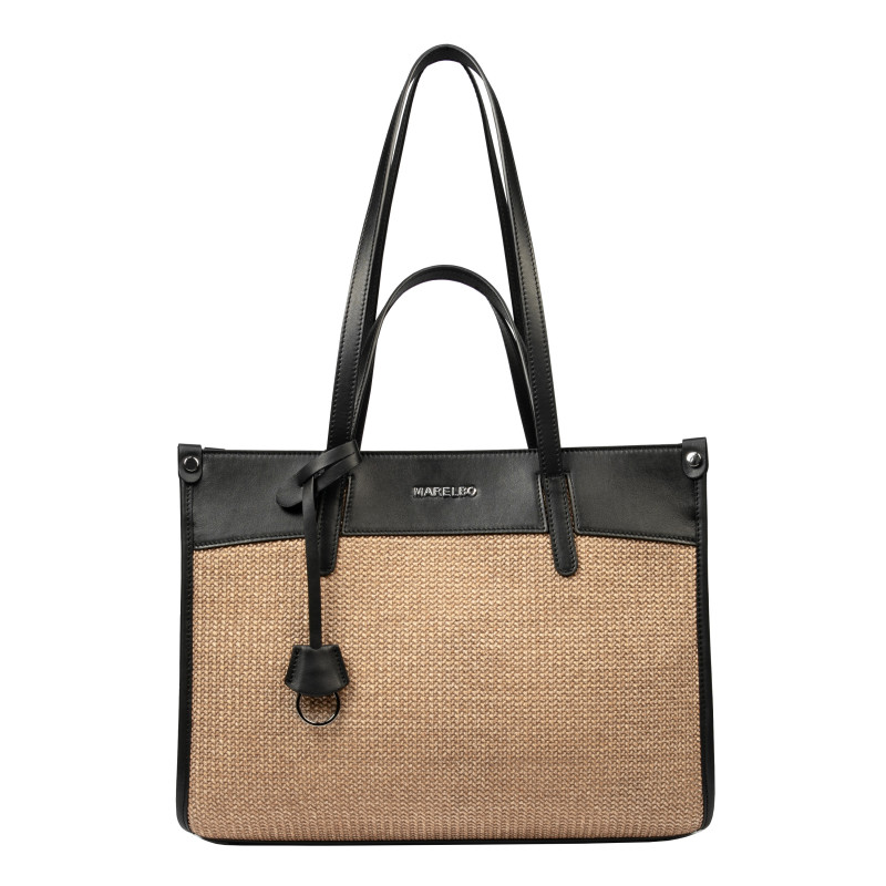 Borsa da spiaggia donna 045g 01 nero napa+rafia caramello