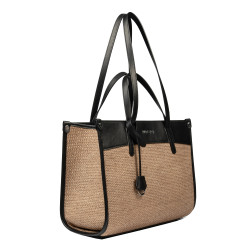 Borsa da spiaggia donna 045g 01 nero napa+rafia caramello