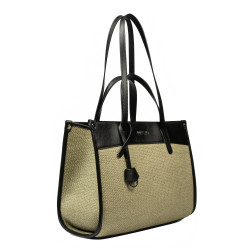 Borsa da spiaggia donna 045g 01 nero nappa + rafia sabbia oliva