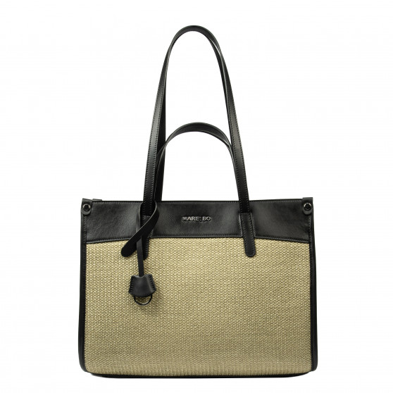 Borsa da spiaggia donna 045g 01 nero nappa + rafia sabbia oliva